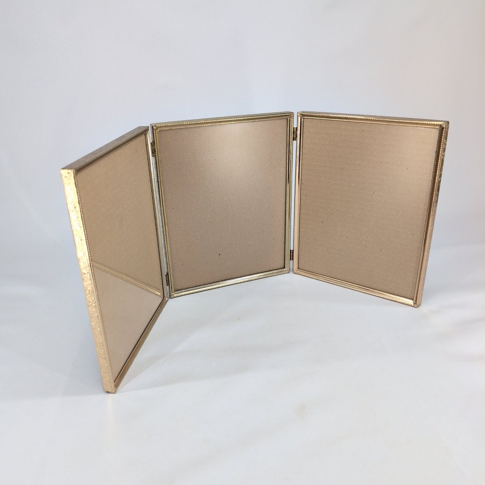 Vintage Triple Folding Picture Frame Gold Metal Beaded Floral 8x10 Triptych